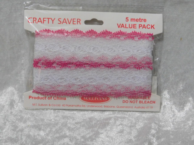 Feather Edge Eyelet Lace Pack of 5m Iridescent White/Hot Pink